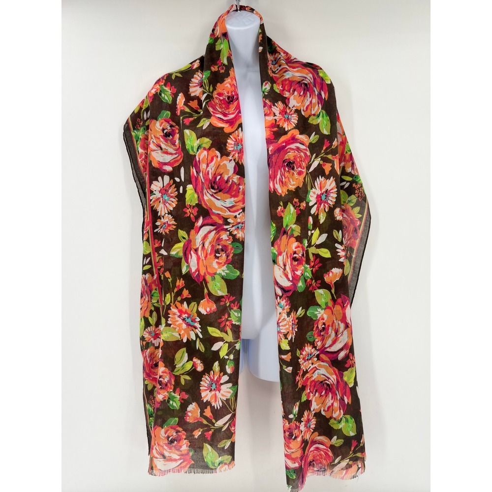 Vera Bradley Brown Floral English Rose Print Fringed Scarf Wrap Retired
